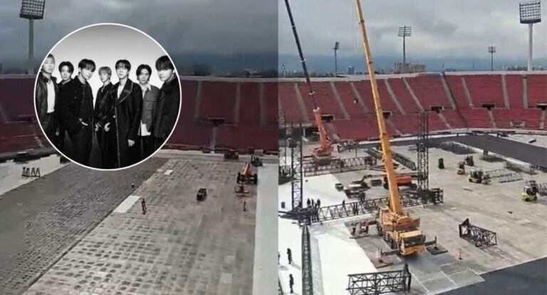 Con grúas en la mitad de la cancha en plenas lluvias: Así va la controversial instalación del escenario para los conciertos de BTS en el Estadio Nacional